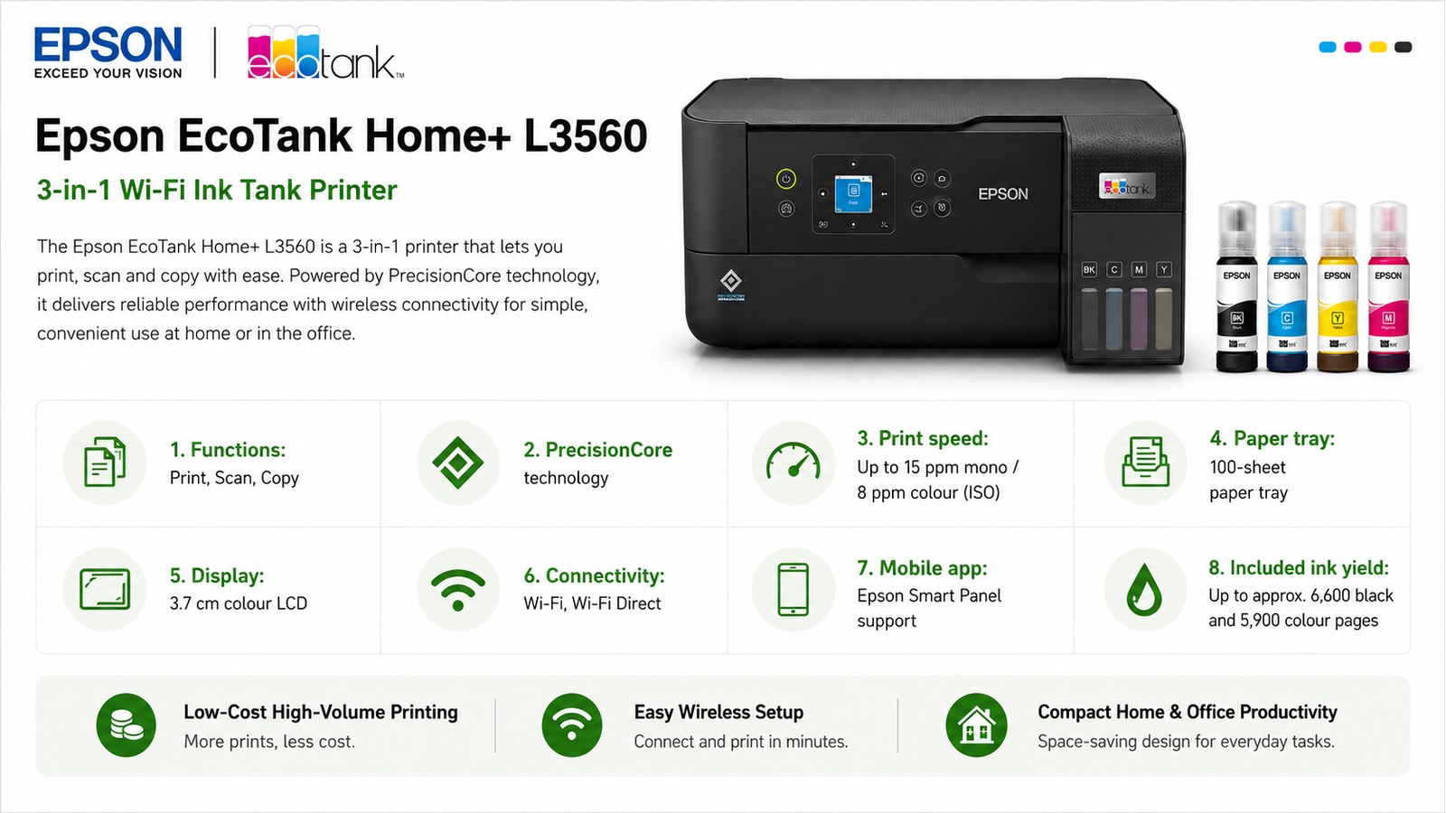 Epson EcoTank Home+ L3560 3-in-1 Colour Ink Tank Printer, Print Scan Copy, 15ipm Mono, 8ipm Colour, Wi-Fi, Wi-Fi Direct, 3.7cm Colour LCD | C11CK58405